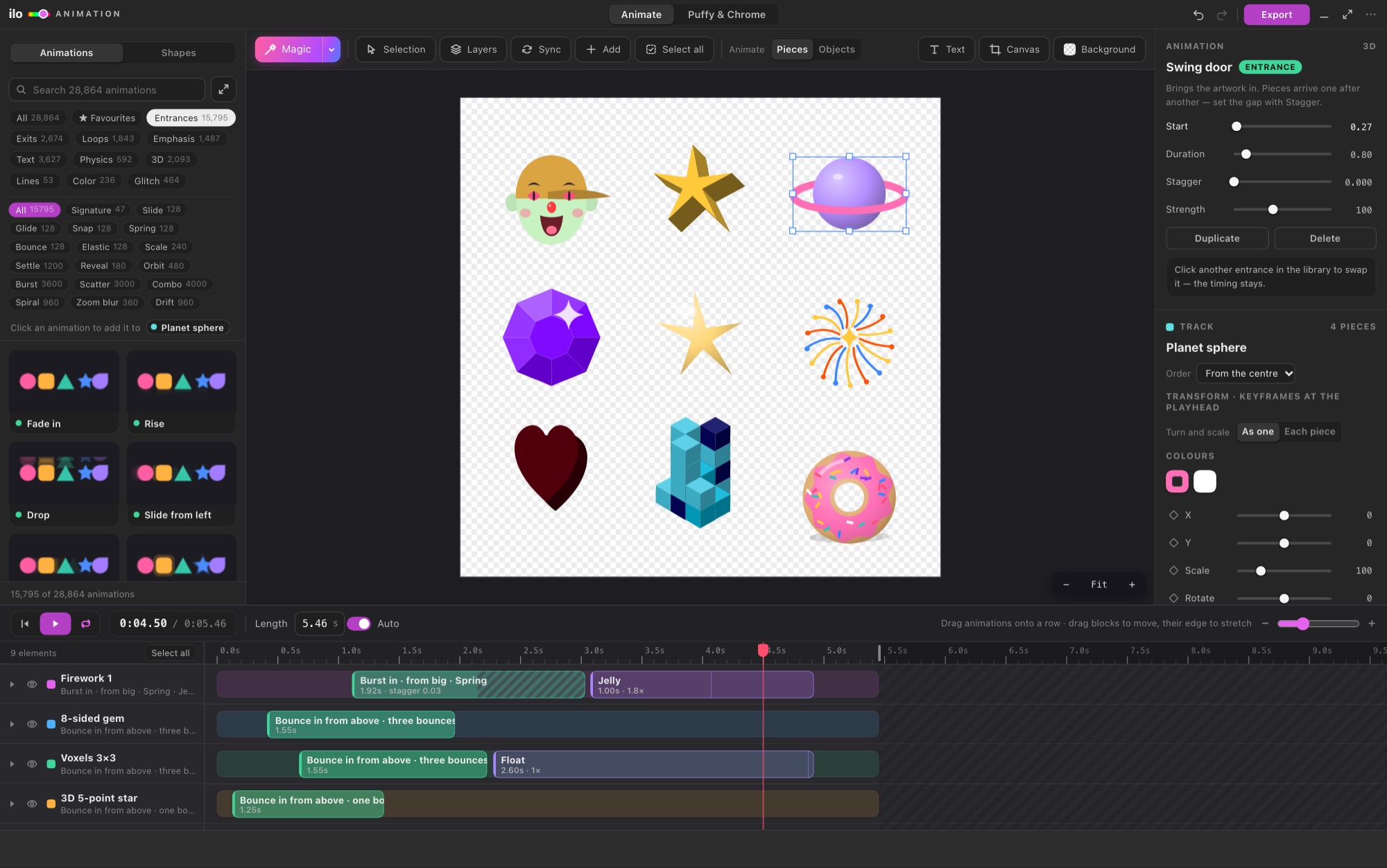 The Ilo Animation window: library, stage, inspector and timeline