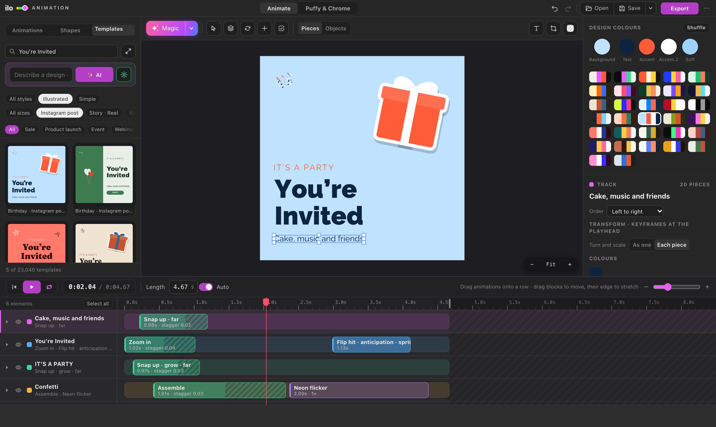 Ilo Animation in the browser: the template library on the left, an illustrated design on the canvas, its colours and 32 palettes on the right, the timeline below